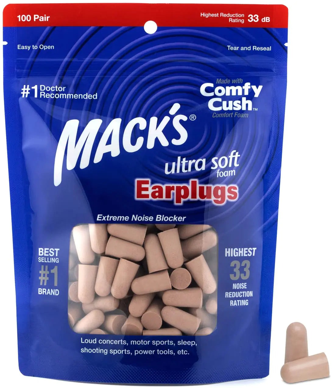 Macks Ultra Comfort Earplugs - 100 Pairs | 33dB NRR for Noise Reduction | Made in USA